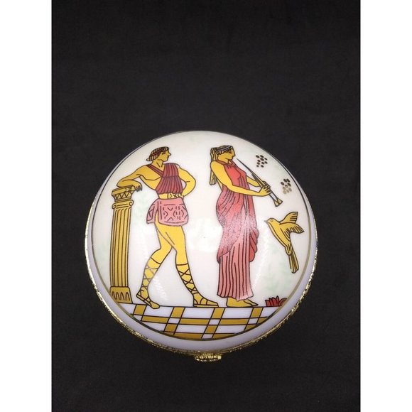 Calvin Hill Greek themed hinged Cover Round trinket jewelry box 2.5" x 4" - Picture 1 of 12